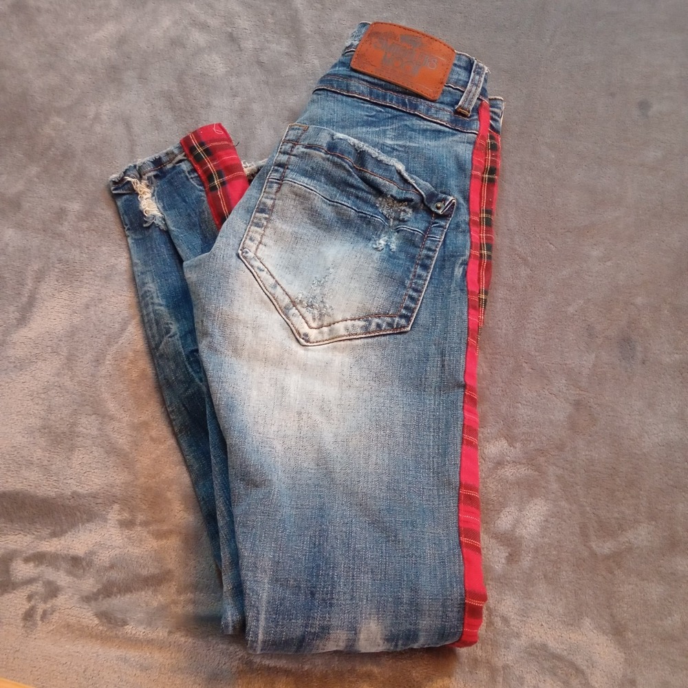 Smugglers‎ Moon Jeans Size 28 Plaid Track Stripe Destroyed Distressed Button Fly